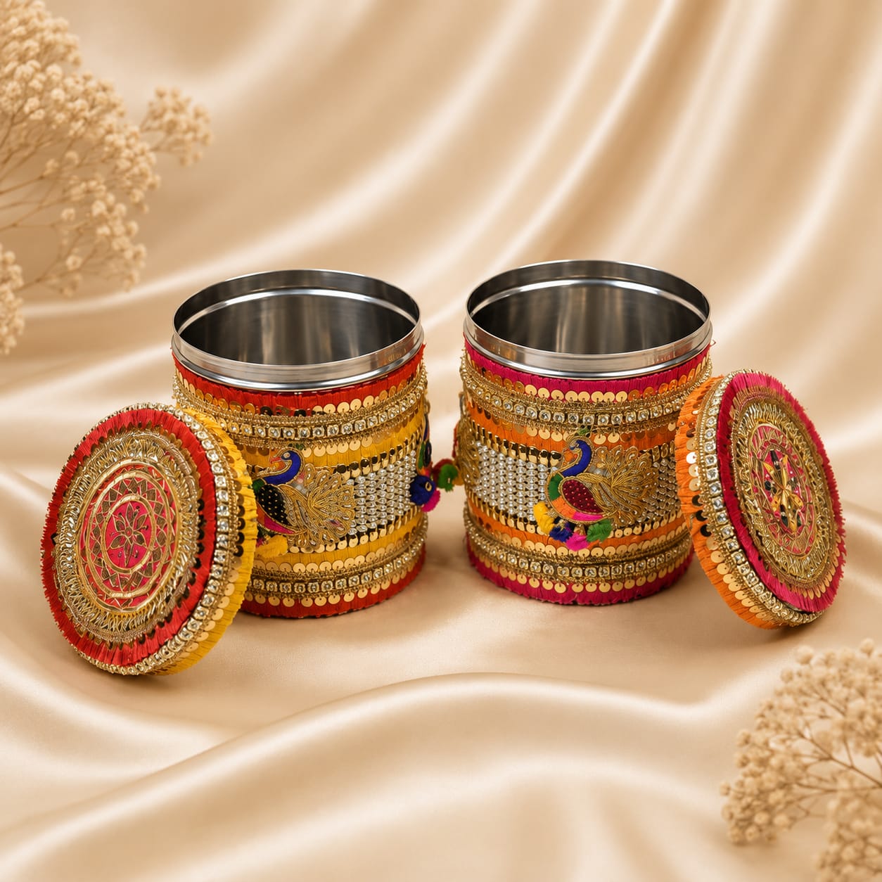 Royal pink velvet embellished round dabba with gold zardozi work