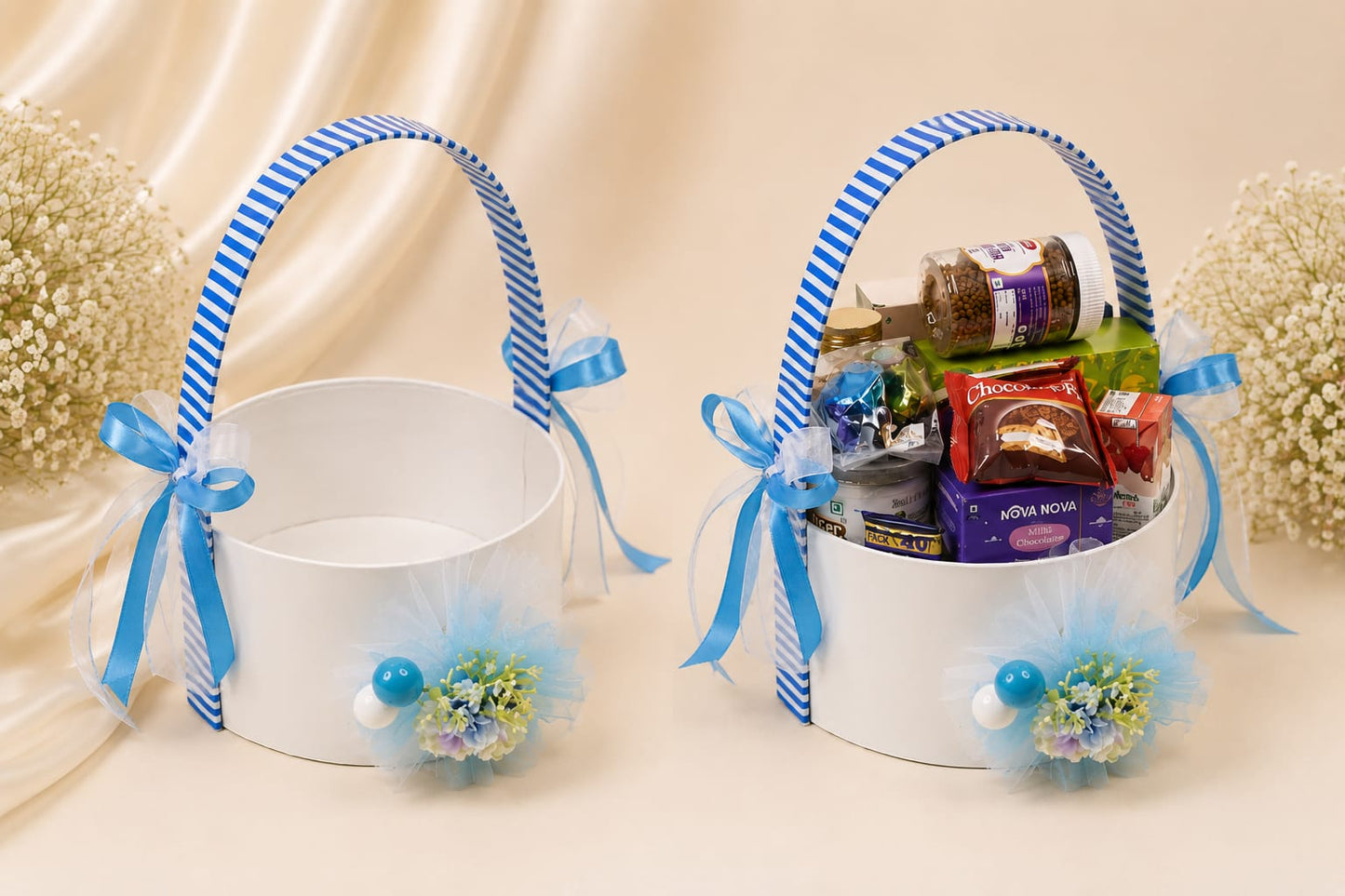 Choko Delights baby moon gift tray in pink and blue with plush moon and satin bundle