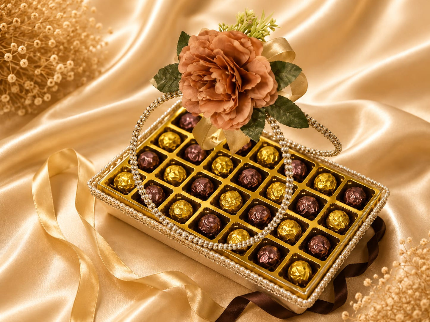 Choko Delights festive chocolate tray with 18 red and gold diamond foil chocolates
