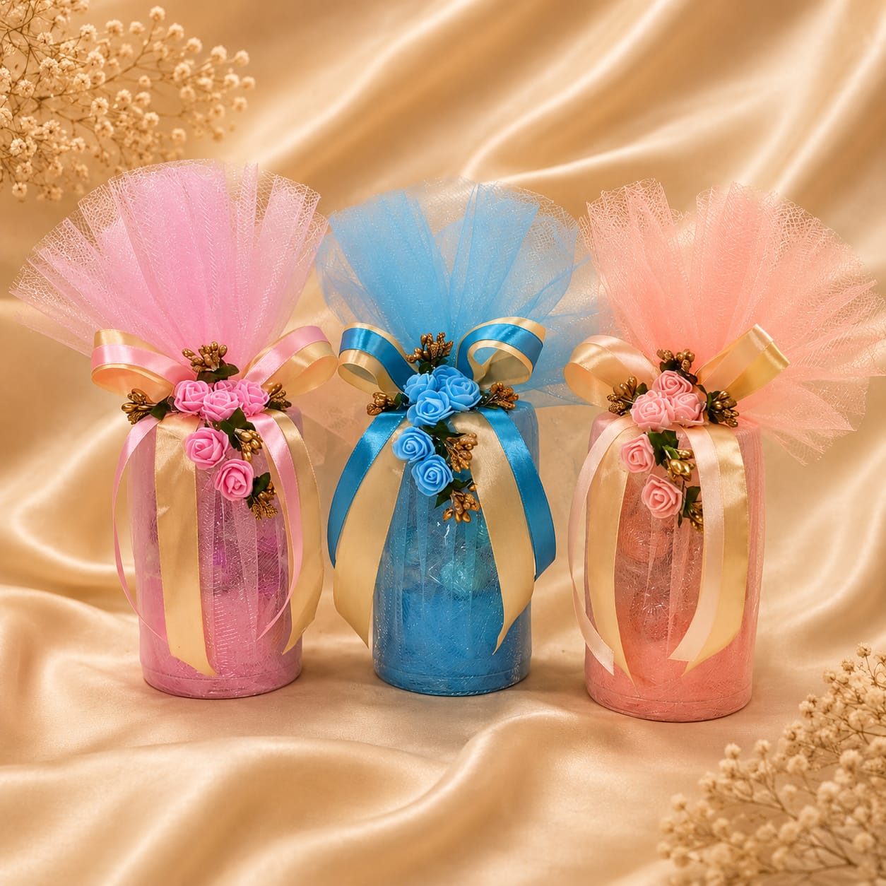 Choko Delights paper purse gift boxes in pink beige sage green and powder blue tartan plaid