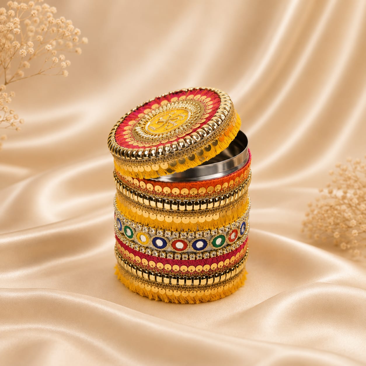 Natural jute trunk gift box set with gold metal trims and kundan brooch