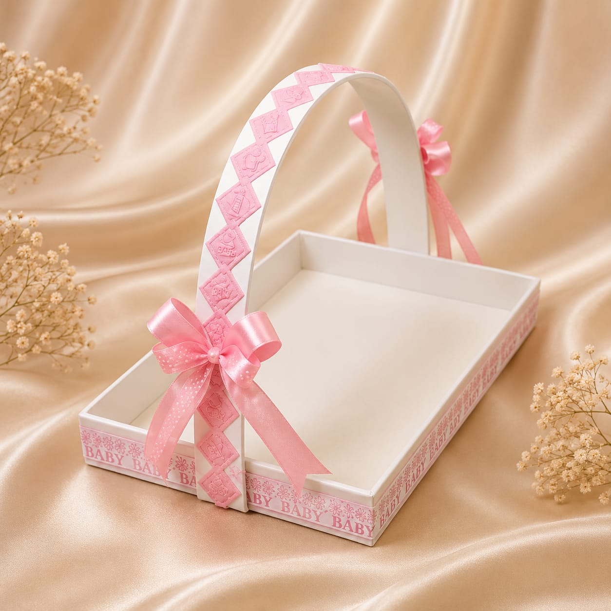 Baby carousel music box gift tray in blue and pink with plush teddy and floral accents