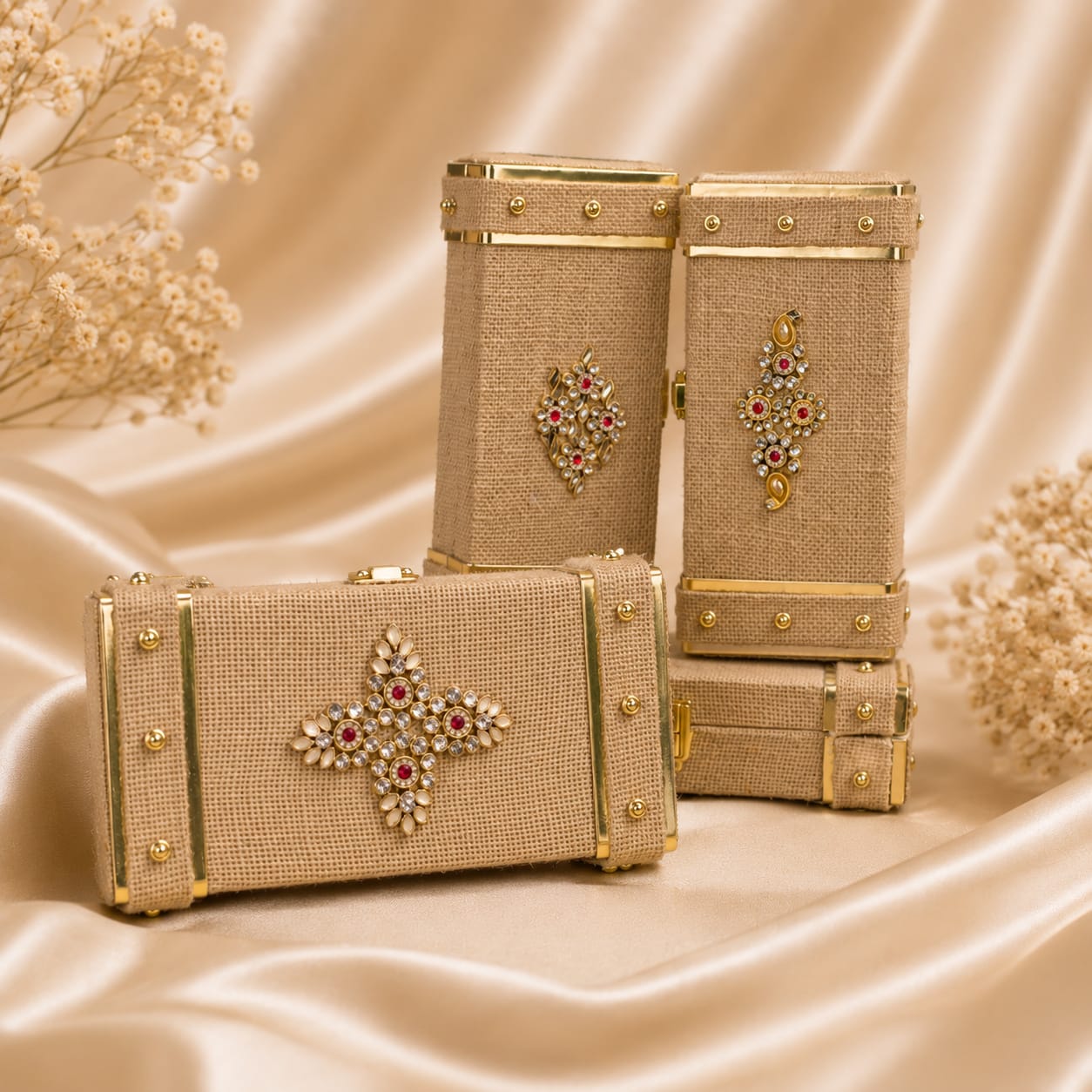 Large beige jute kundan trunk gift box with gold metal trims