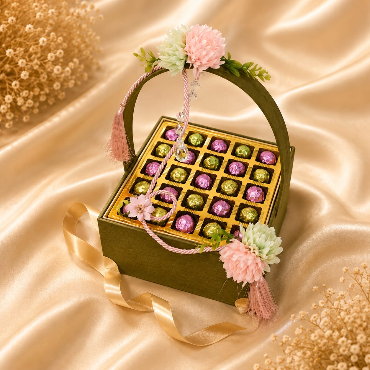 Choko Delights teal polka-dot chocolate basket with 16 assorted chocolates and daisy handle