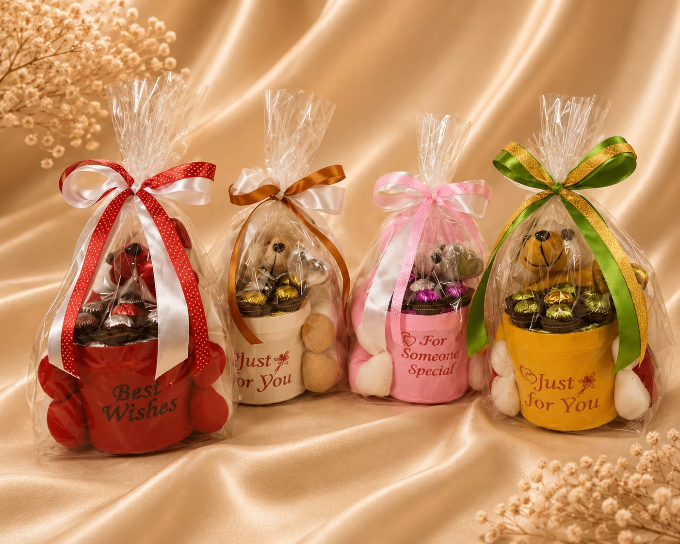 Choko Delights assorted chocolate bonbons in heart and round shapes with red and gold foil