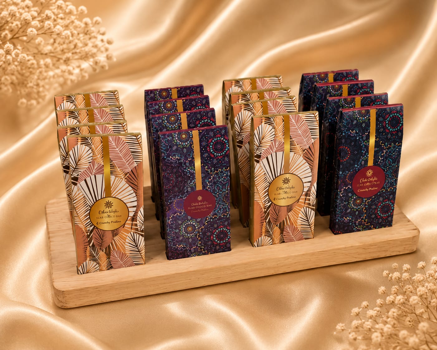 Choko Delights luxury chocolate slab display stand with 12 bars in gold and blue mandala designs