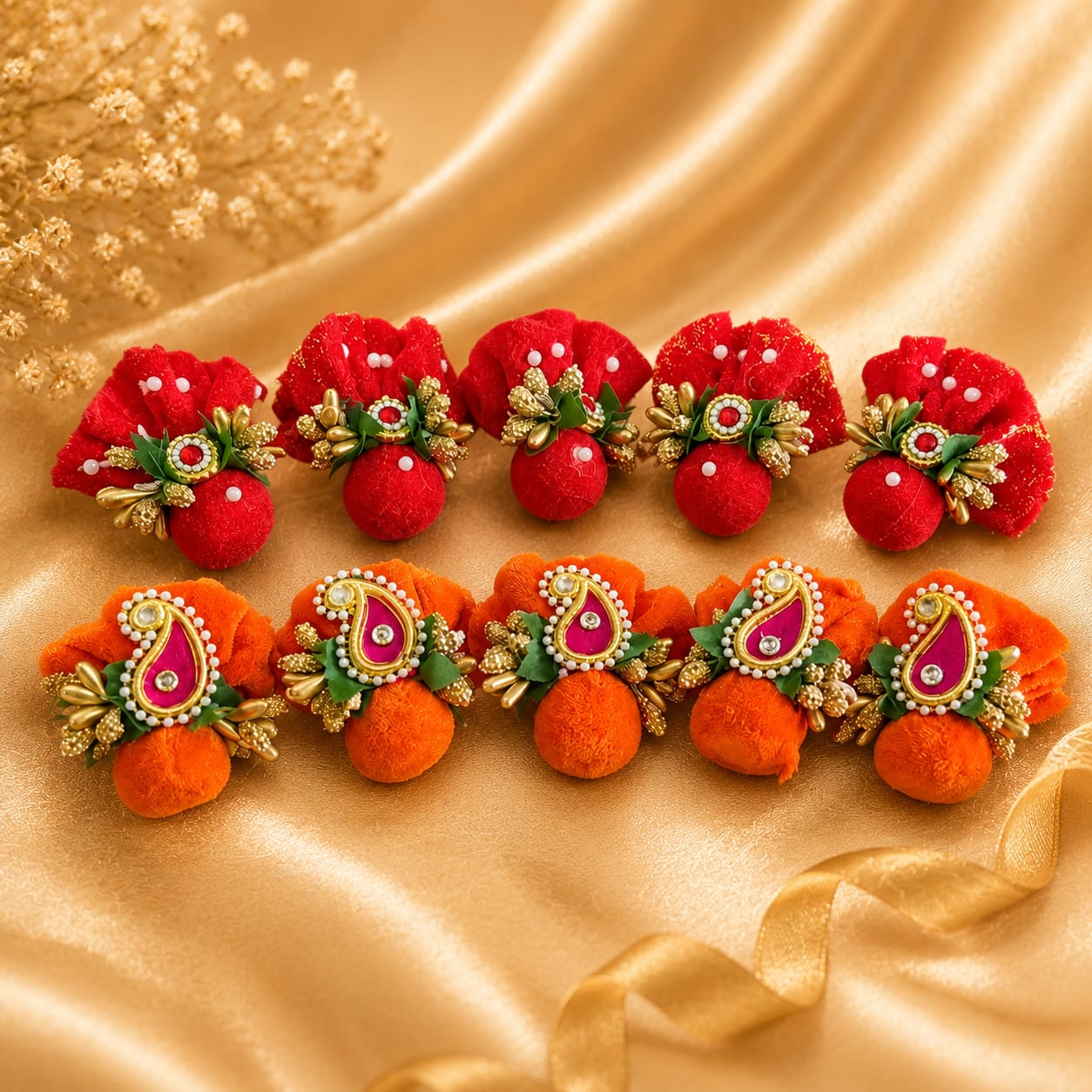 Choko Delights royal wedding pooja thali in red and yellow with miniature mandap and pearl bead curtains