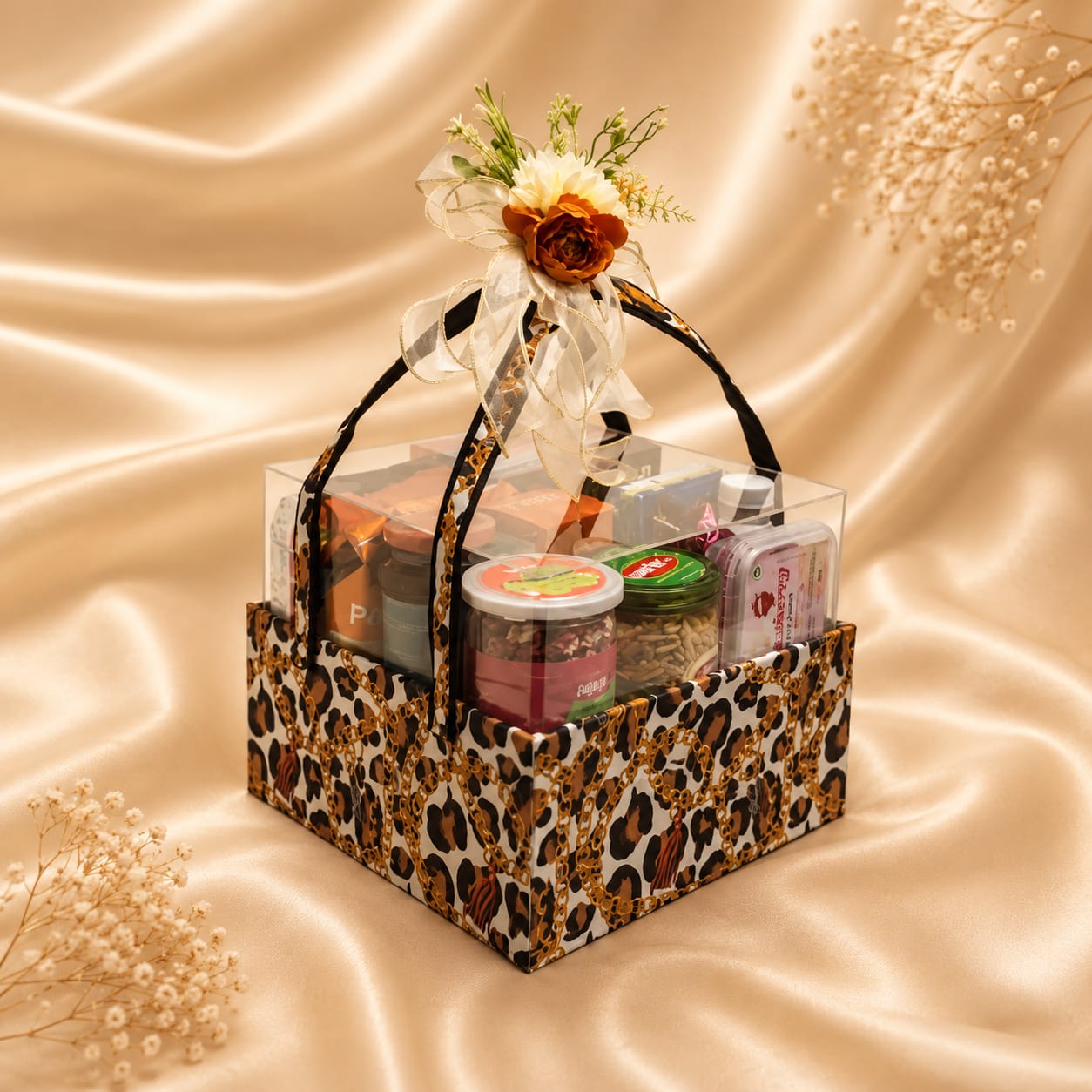 Choko Delights festive chocolate and mithai gift tray in red brocade with gold rope floral handle
