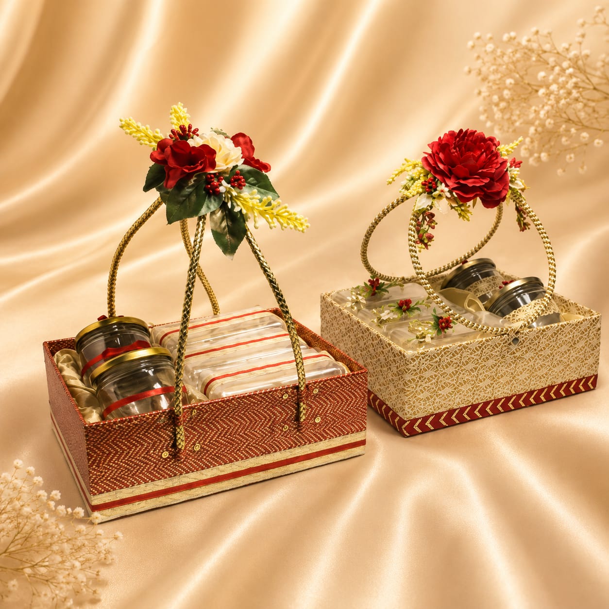 Choko Delights gold satin hamper tote bag with gold metal handle and orange dahlia embellishment