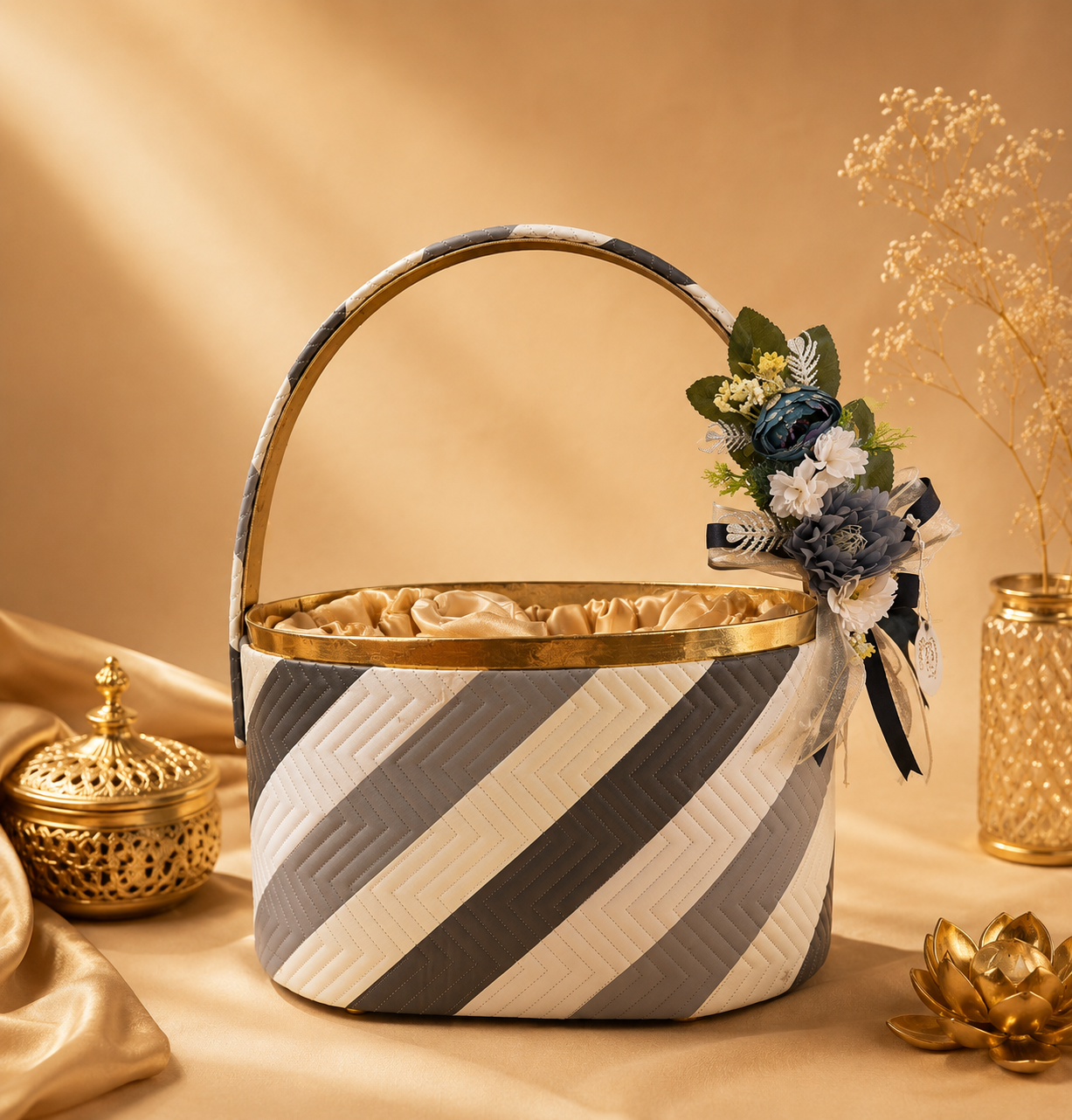 Choko Delights 13*9*5 Brown Cane Jalli Basket WD Flower